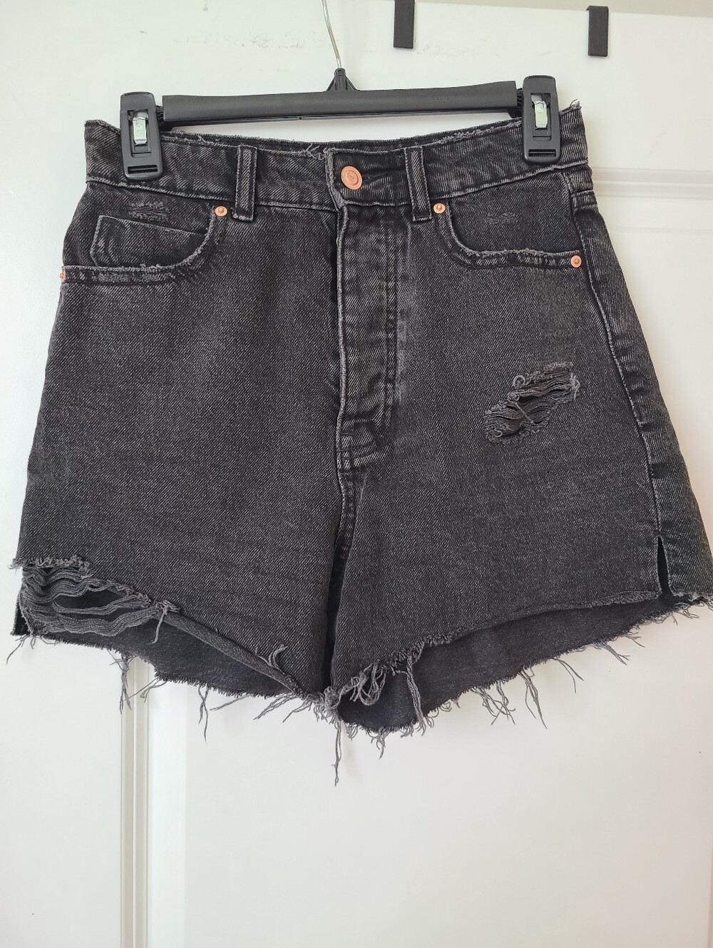 Zara Black Cotton Distressed High Waisted Frayed Hem Denim Shorts